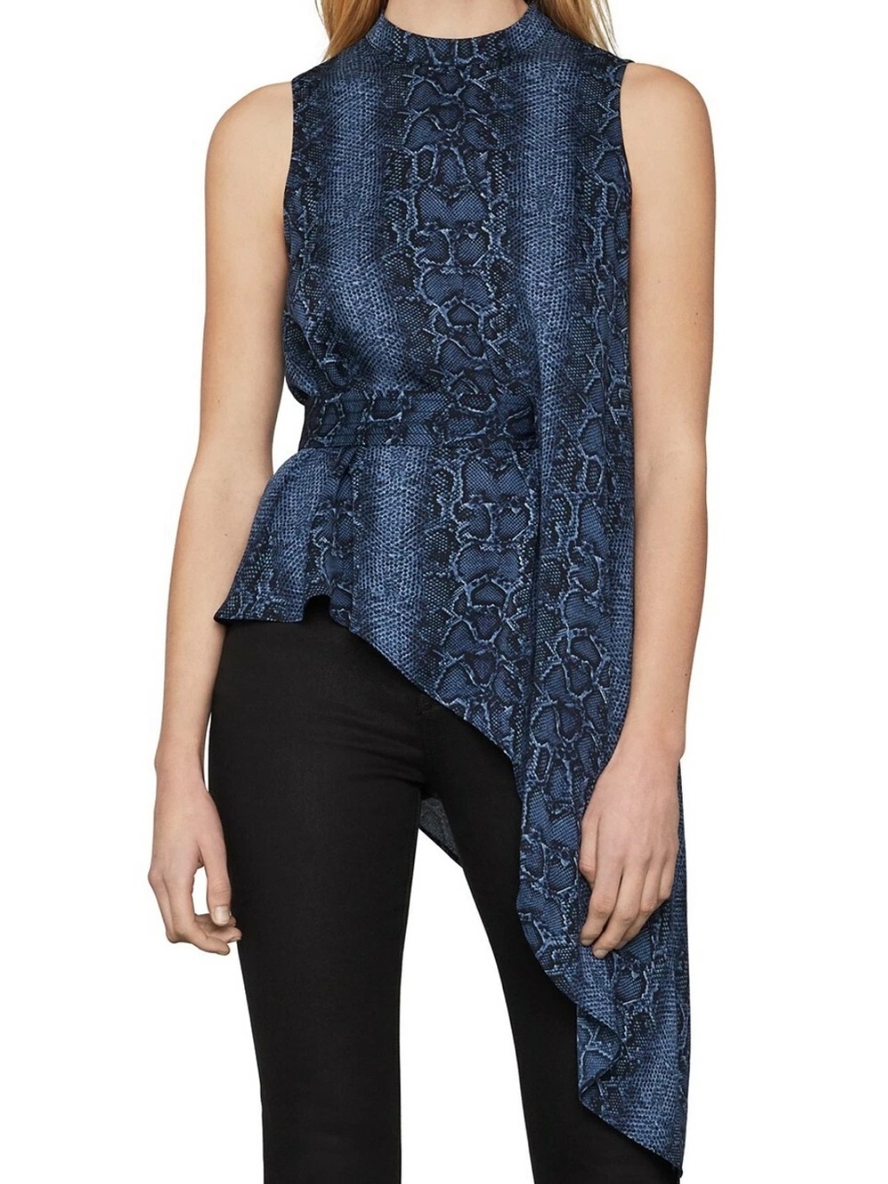 BCBGMaxAzria Navy Snakeskin Print Asymmetrical Sleeveless Blouse